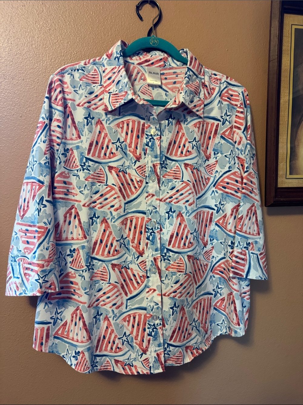 Woman’s Short-Sleeve Button-Up Shirt - Patriotic Red & Blue